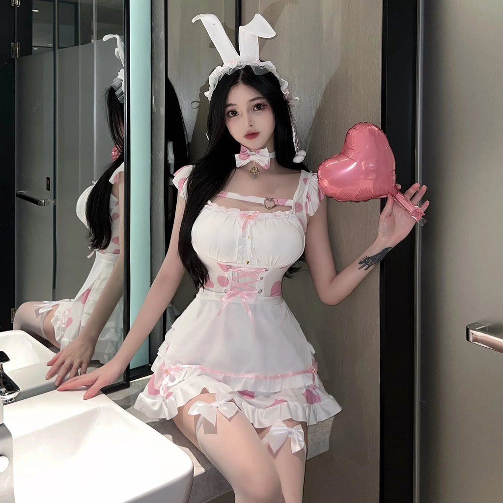 Japanese Anime Bunny Cosplay Costumes Women Sweet Pink Lolita Cat Girl Maid Dress Halloween Cow Print Erotic Lingerie Dress 2025