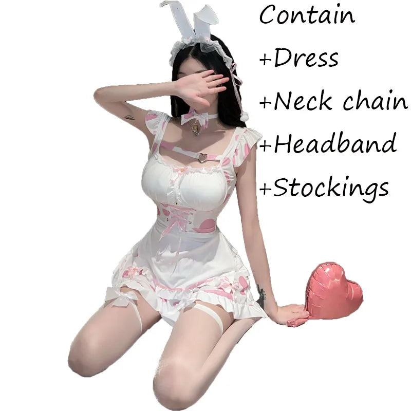 Japanese Anime Bunny Cosplay Costumes Women Sweet Pink Lolita Cat Girl Maid Dress Halloween Cow Print Erotic Lingerie Dress 2025