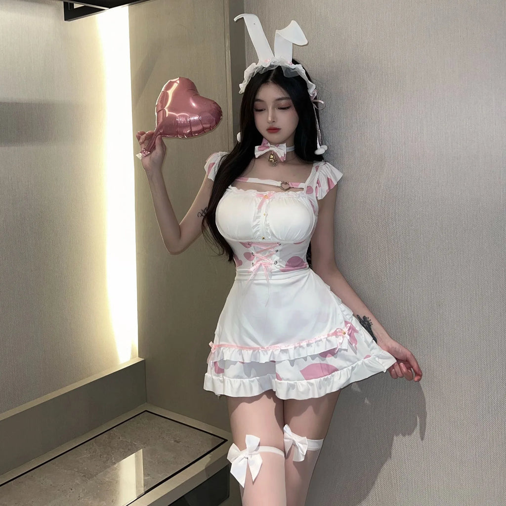 Japanese Anime Bunny Cosplay Costumes Women Sweet Pink Lolita Cat Girl Maid Dress Halloween Cow Print Erotic Lingerie Dress 2025