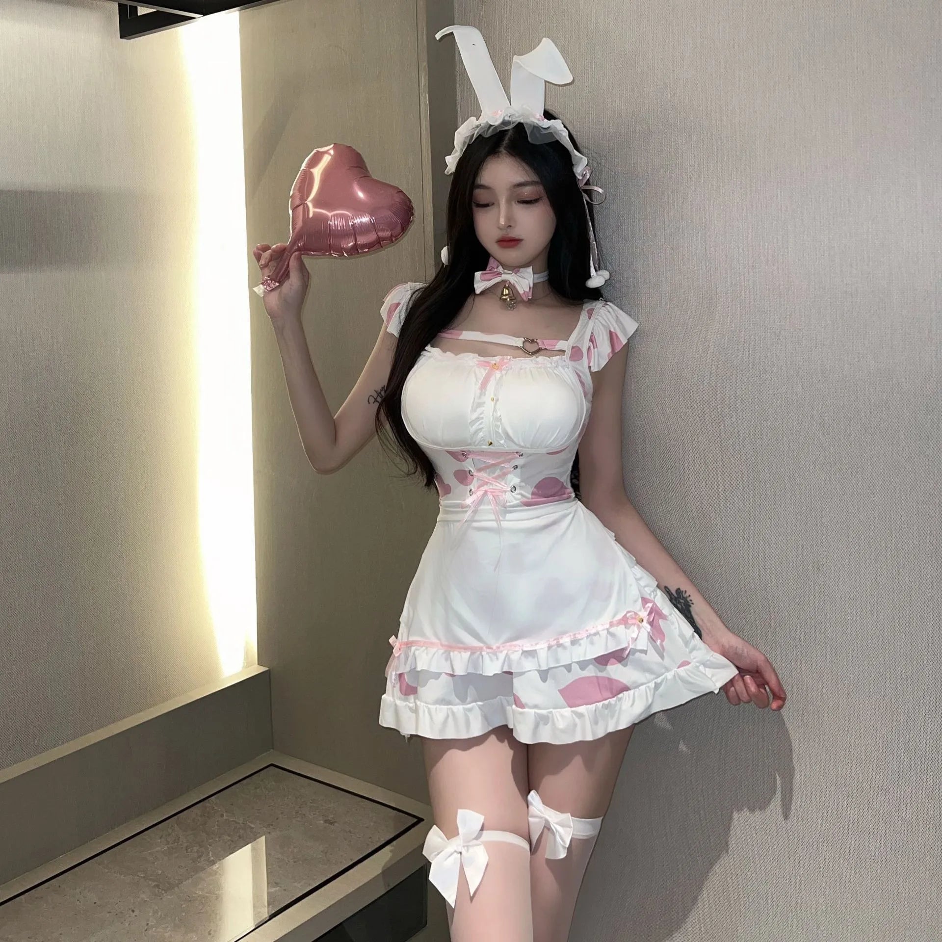 Japanese Anime Bunny Cosplay Costumes Women Sweet Pink Lolita Cat Girl Maid Dress Halloween Cow Print Erotic Lingerie Dress 2025